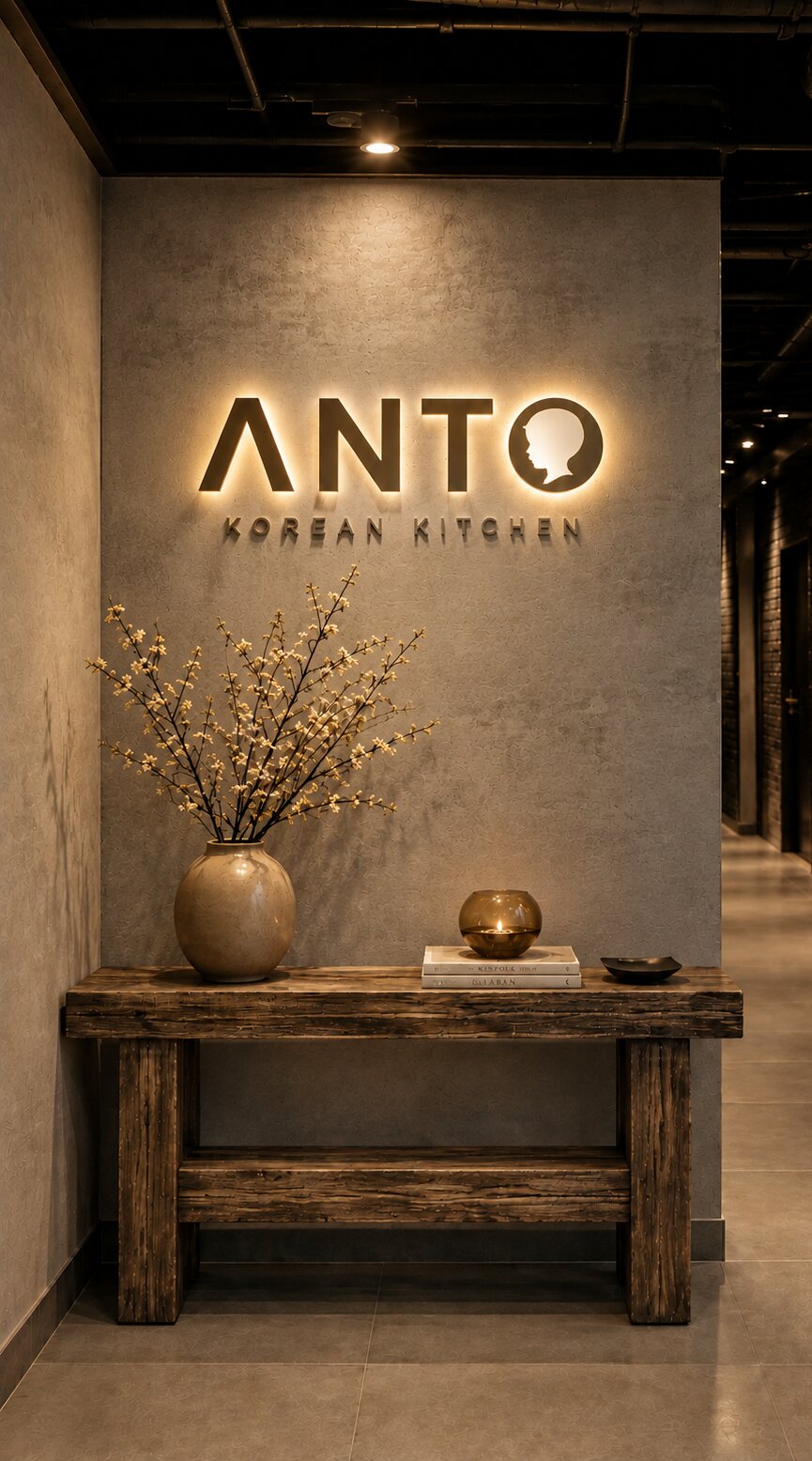 The entrance: the lit Anto mark on textured stone above a wooden console and sprays of blossom